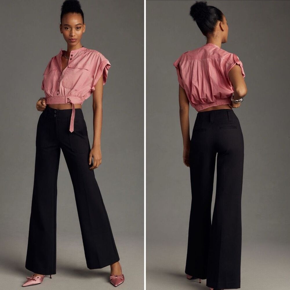 Maeve Anthropologie Naomi Ponte Wide-Leg Flare Pants in Black Size 4